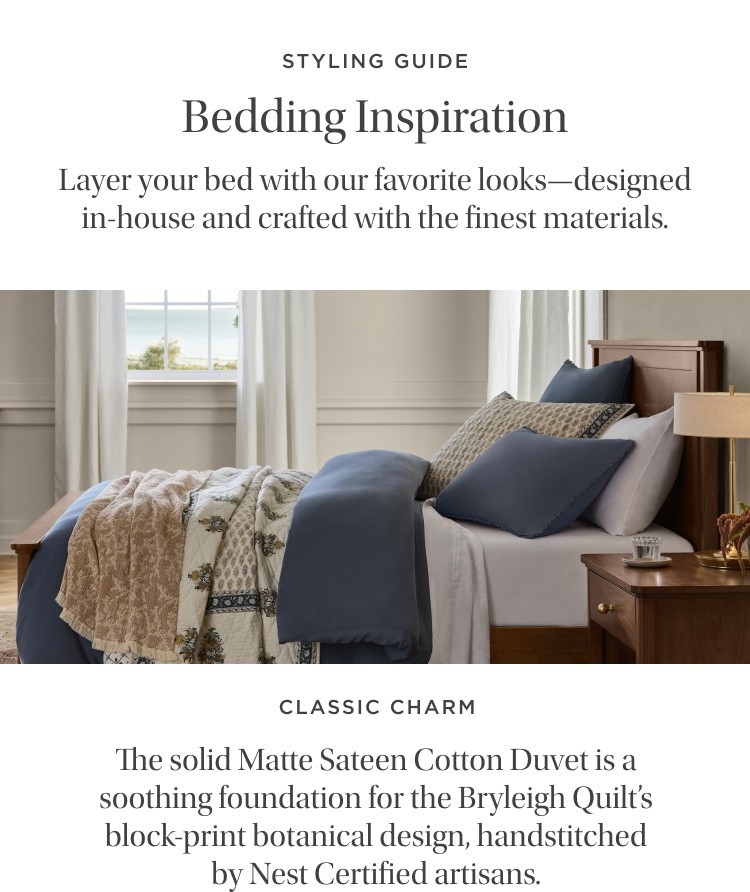 The solid Matte Sateen Cotton Duvet is a soothing foundation for the Bryleigh Quilt’s block-print botanical design, handstitched by Nest Certified artisans.