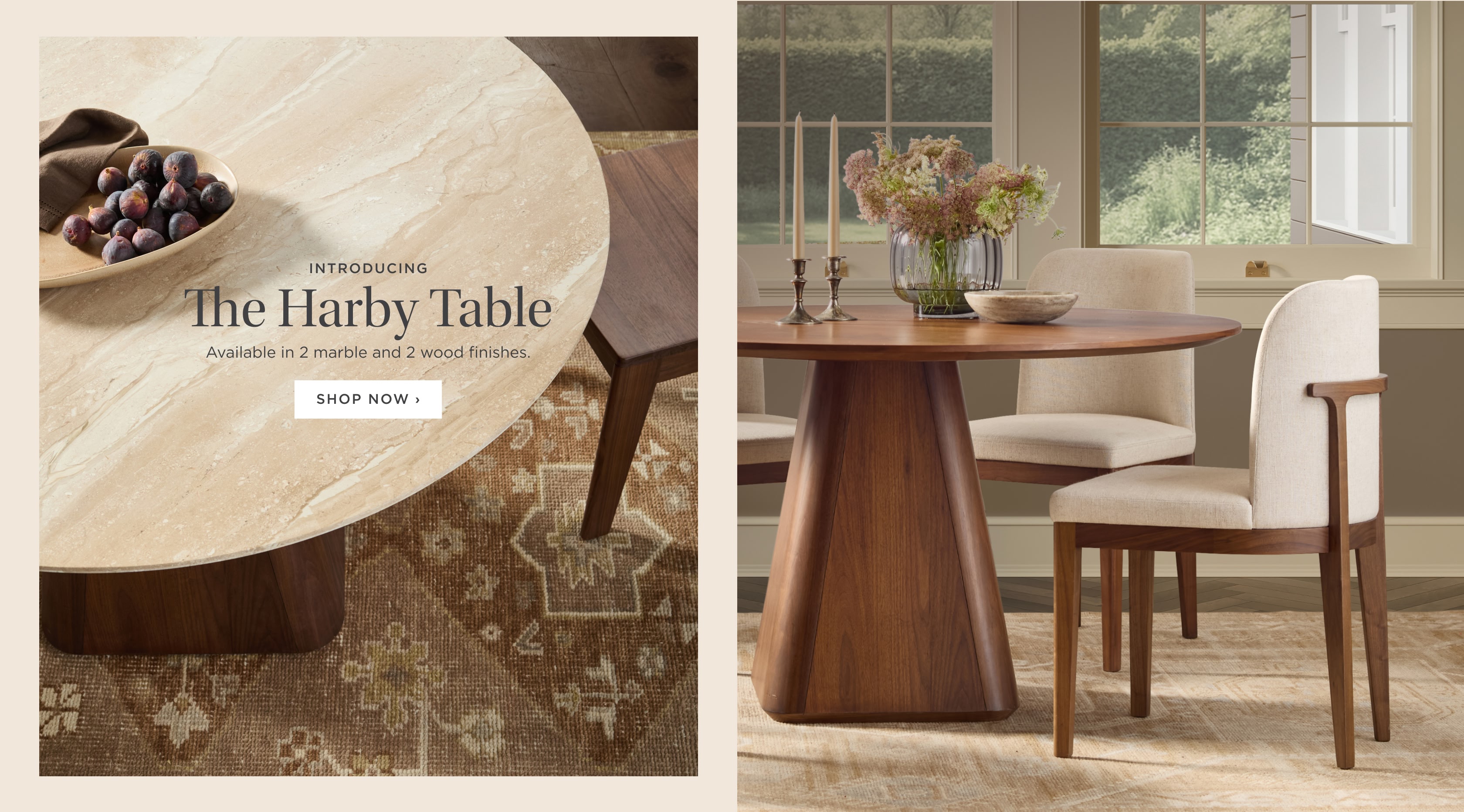 Introducing The Harby Table: Available in 2 marble and 2 wood finishes.