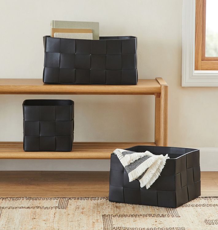 Woven Leather Storage Bin, Black Leather Basket