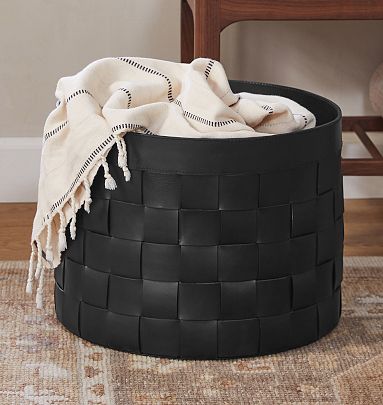 Black Leather Basket Woven Leather Basket Storage Basket 