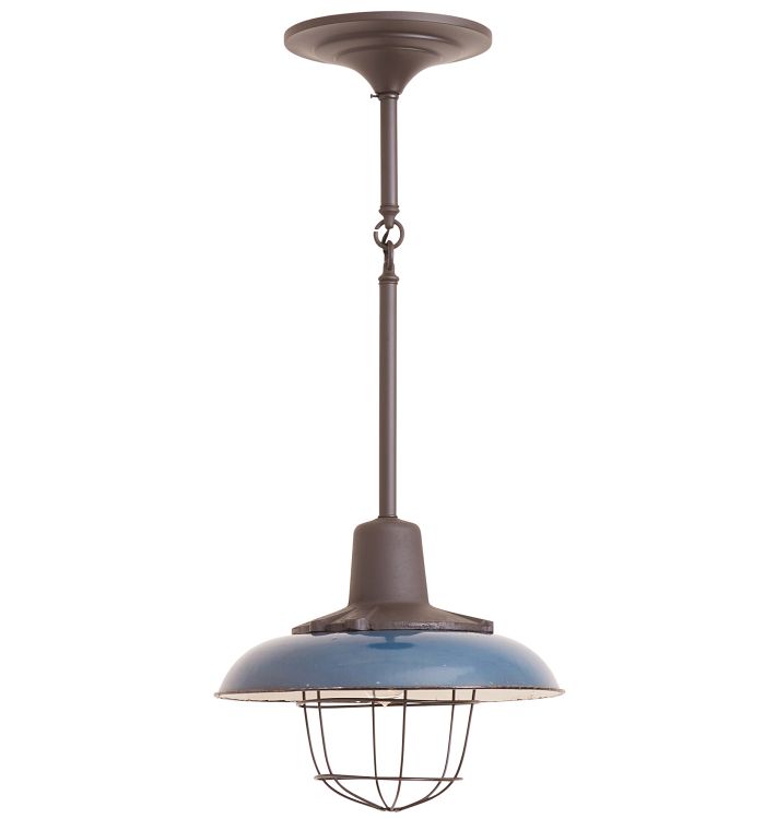 Blue Enameled Industrial Pendant with Bulb Cage