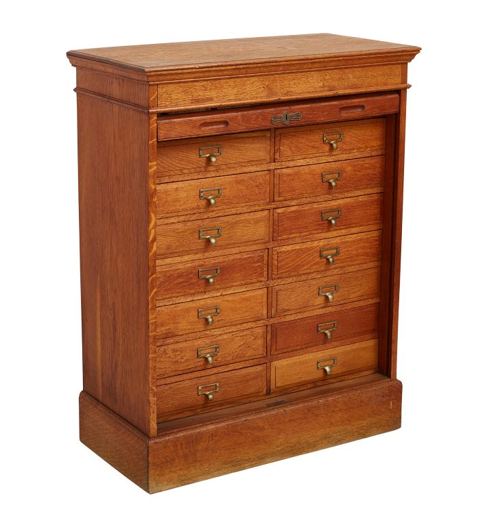 Vintage 14-Drawer Tamboured Oak Office Cabinet