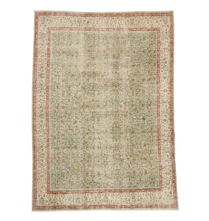 Vintage Turkish Hand-Knotted Rug in Sage and Red| 8'x11'