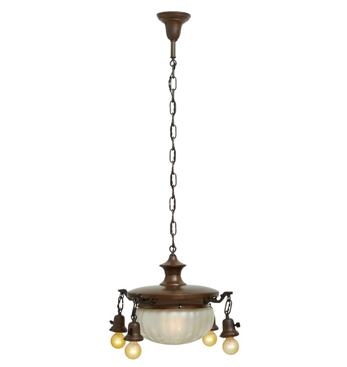 Antique Classical Revival Bowl Chandelier with Wheel Cut Shade and Four  Bare-Bulb Satellites