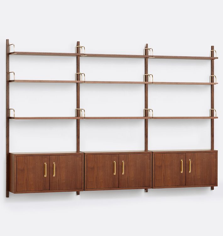 Hart Modular Walnut Triple Shelving Unit with Three Cabinets
