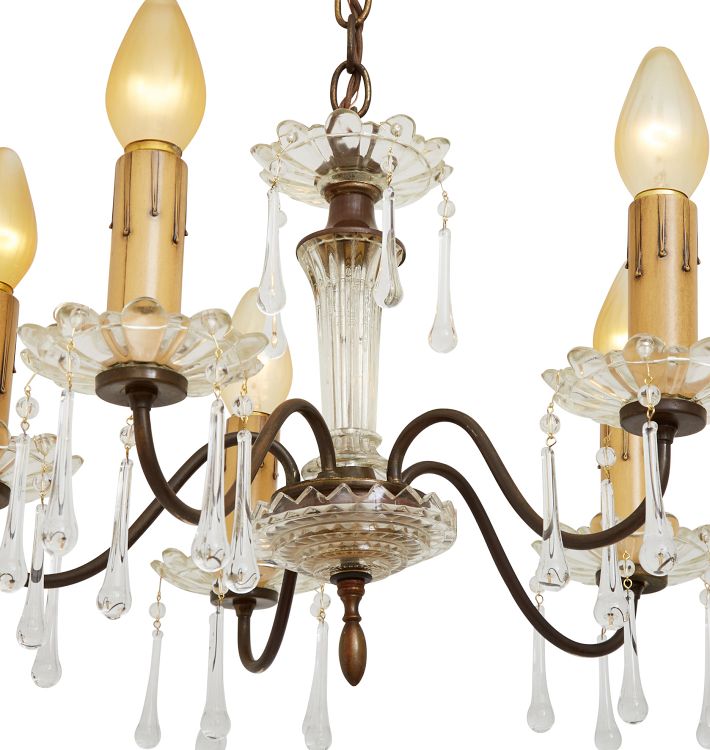Vintage 5-Light Candle Chandelier with Crystal Drops in Original Finish