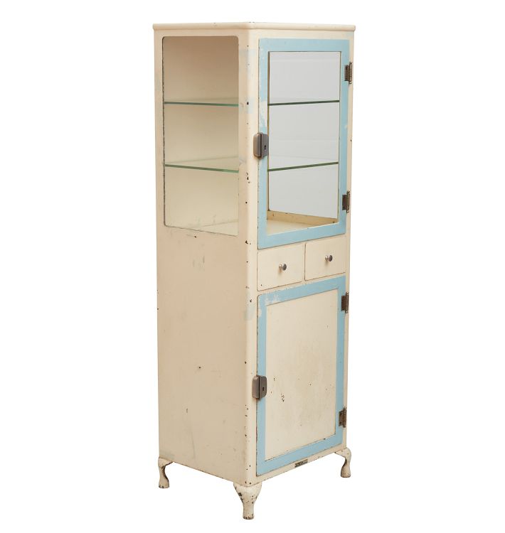 Vintage Blue &amp; White Steel Medical Cabinet