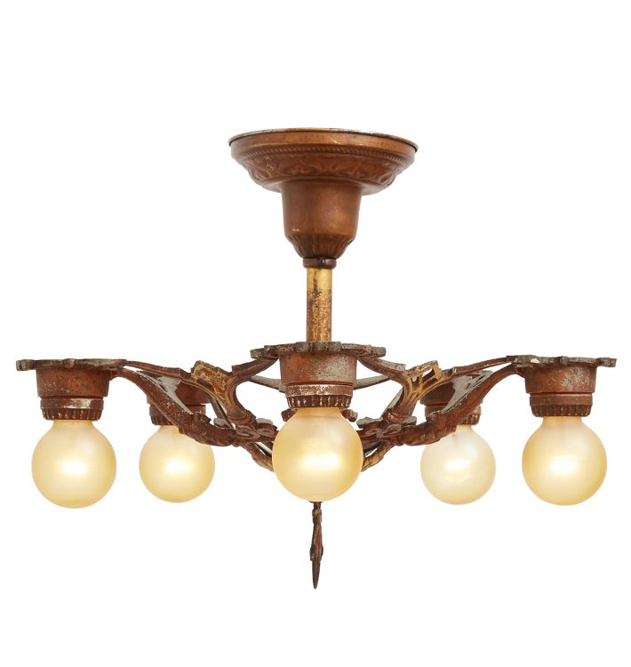 Vintage Classical Revival Bare Bulb Chandelier in Original Polychrome Finish