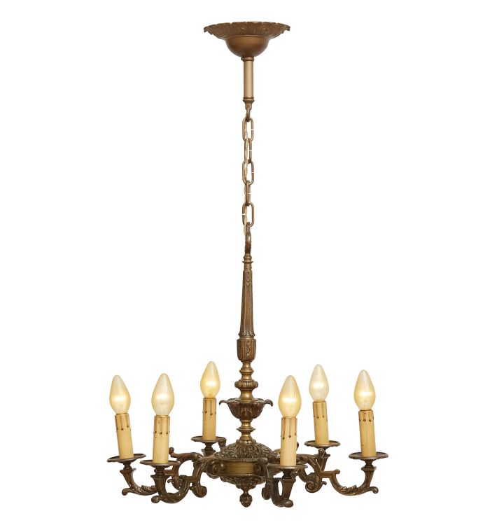 Antique Classical Revival 6-Light Candle Chandelier in Weighty Cast Bronze