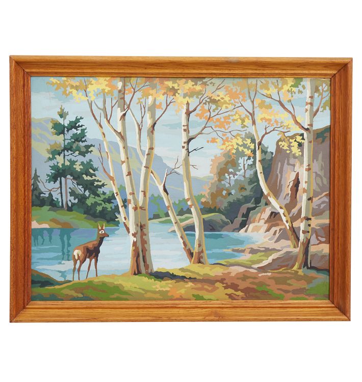 Vintage Paint-by-Numbers Deer at Stream Scene