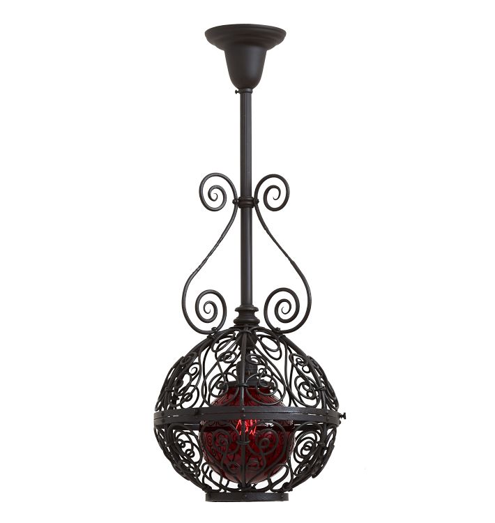 Antique Victorian Wrought Iron Pendant with Garnet Globe Shade