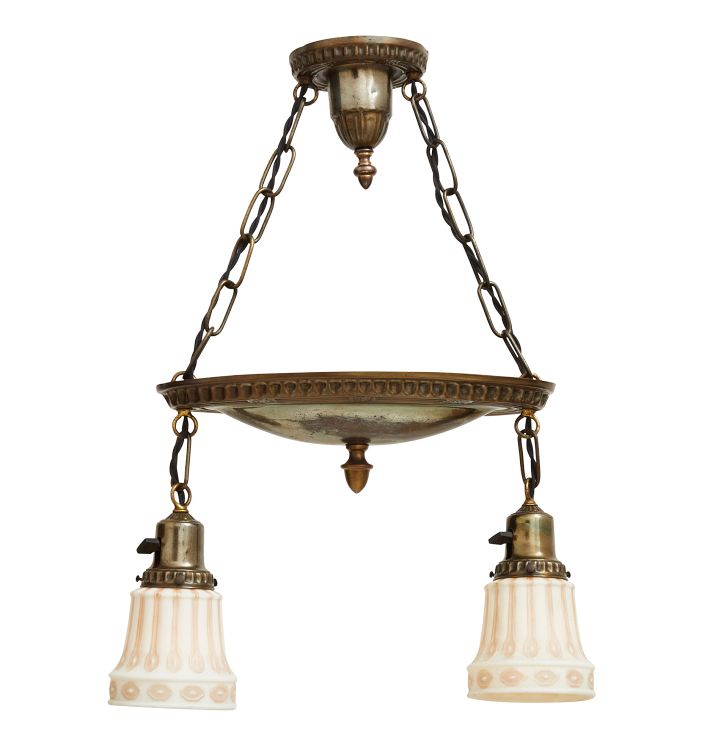 Antique 2-Light Classical Revival Chandelier with Hand-Painted Shades