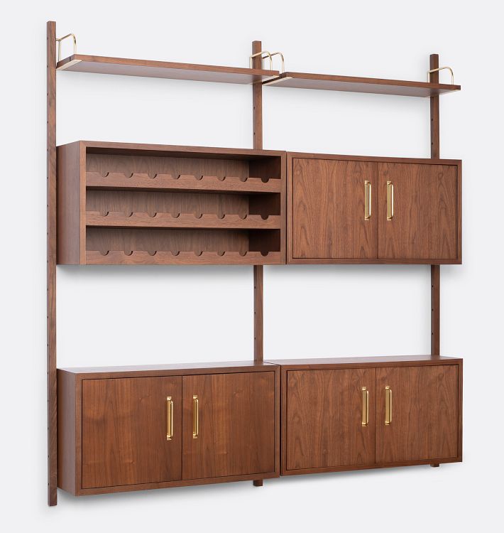 Hart Walnut Double Wine Storage with Cabinets and Shelves - 3 Cabinets and 2 shelves - Aged Brass