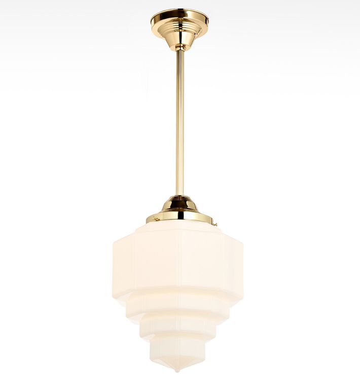 Hollywood 6" Fitter Rod Pendant, Lacquered Brass - Deco Wedding Cake Globe Shade - 36" Length - No Vault Mount