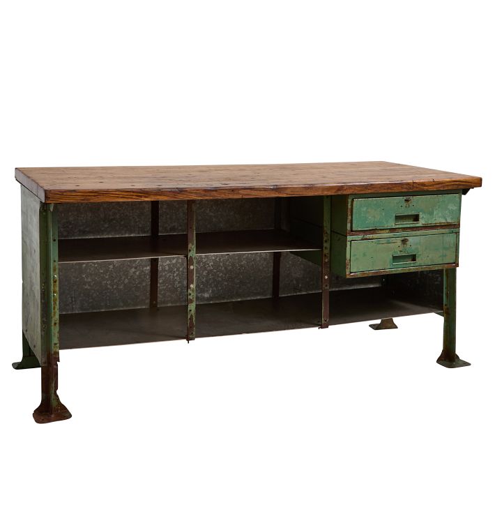 Vintage Industrial Kitchen Island Workbench in Wood with Worn Green Paint