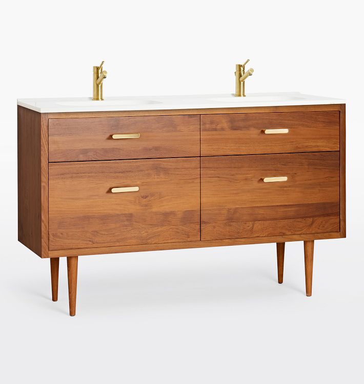 Marquam Teak Double Vanity, Single Hole Sink with Aged Brass Bowman Pulls