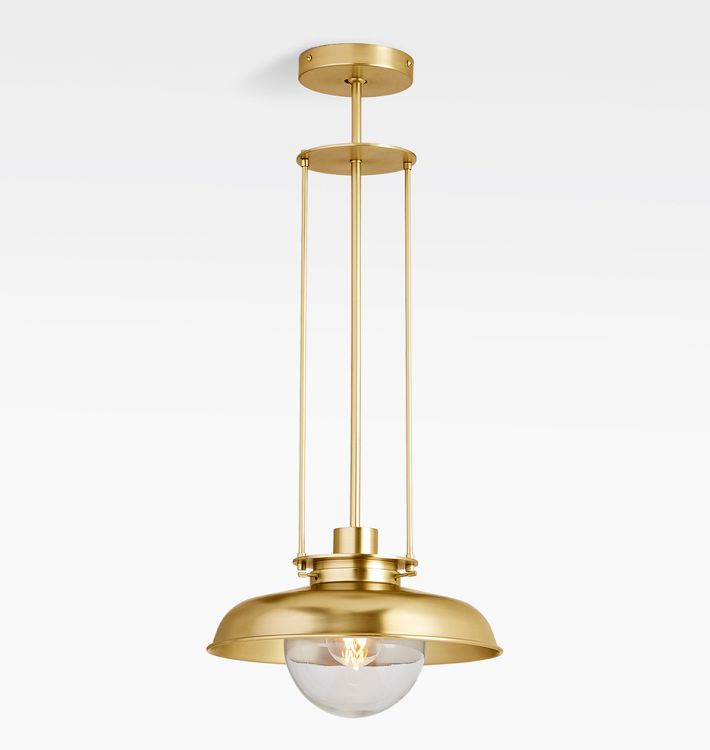 Ormandy 12" Pendant, Aged Brass - Clear Globe Shade - 38" Length