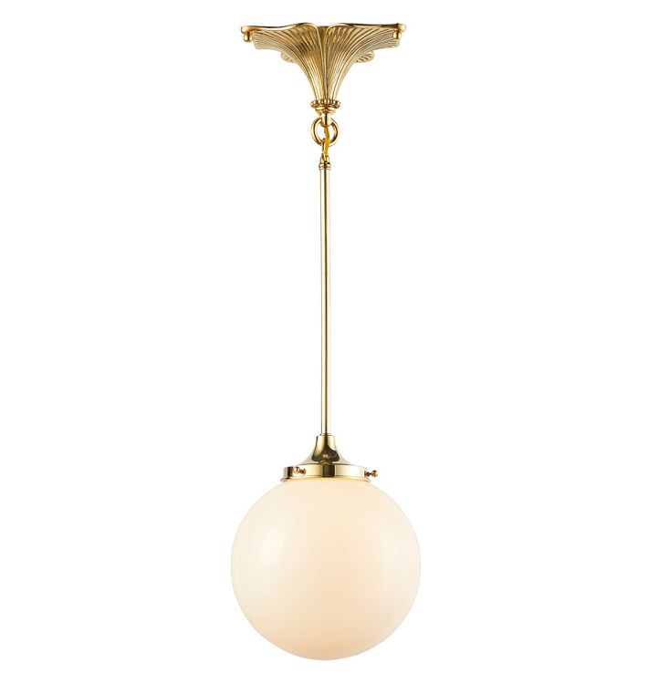 Wildwood Pendant, Unlacquered Brass - 8" Opal Globe Shade - 26" Length