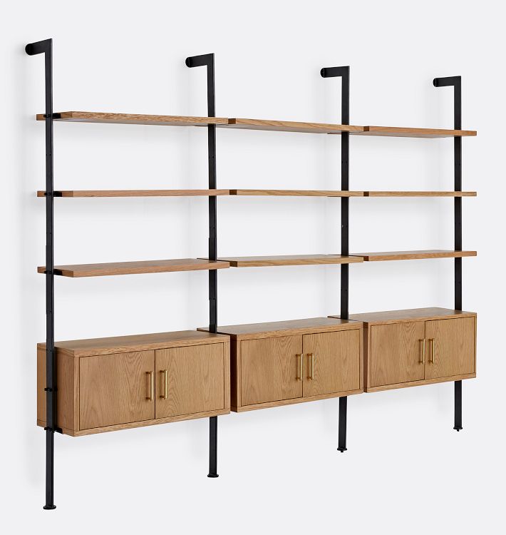 Holgate White Oak Double Modular 9-Shelf w Cabinets and Aged Brass Hardware w 72" Rails