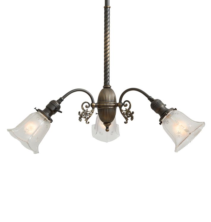 Vintage 3 Light Victorian Chandelier with Rope Tubing Detail and Pressed Glass Starburst Shades Rejuvenation