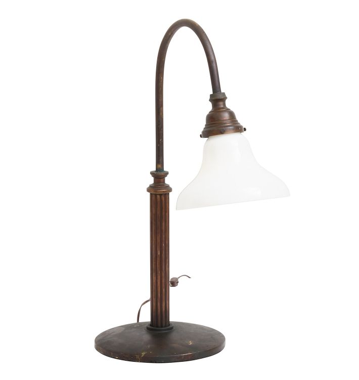 Vintage Brass Desk Lamp with Opalescent Bell Shade