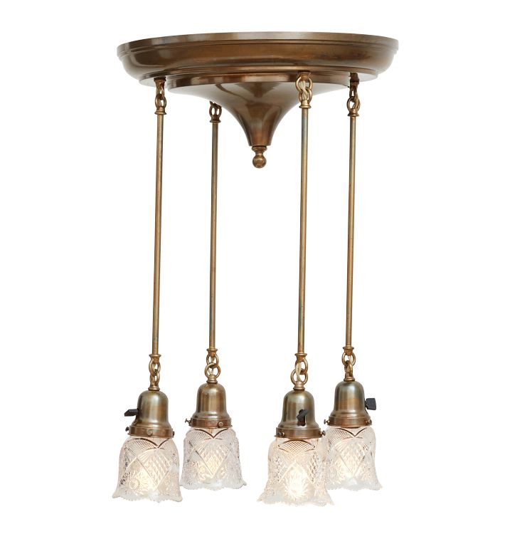 Vintage 4-Light Chandelier with Prismatic Pressed Glass Shades