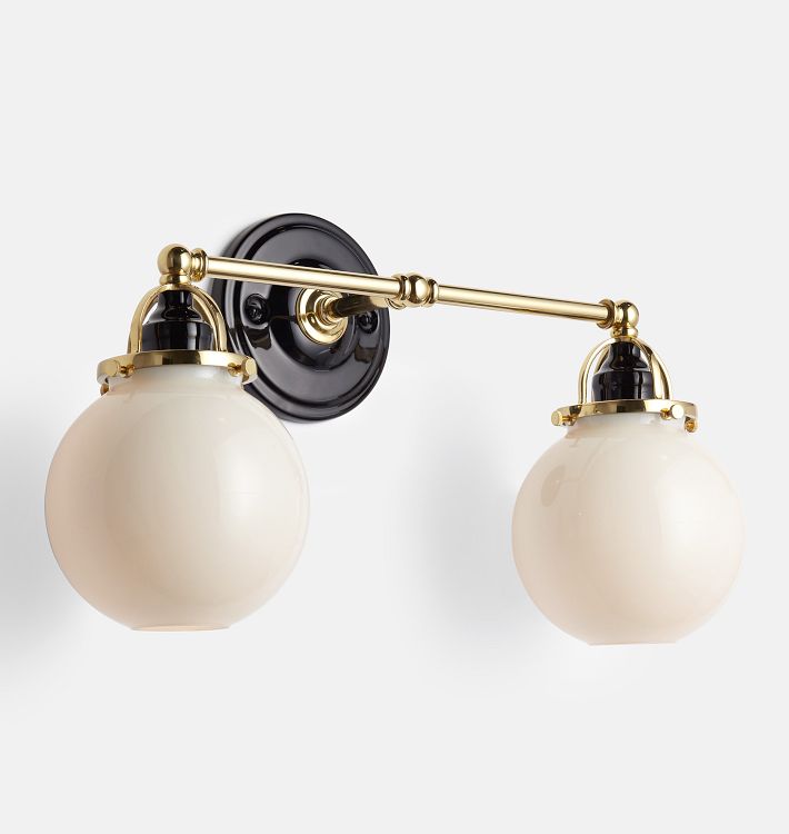 Mist Double Sconce, Black Porcelain - Lacquered Brass - 6" Opal Globe Shade