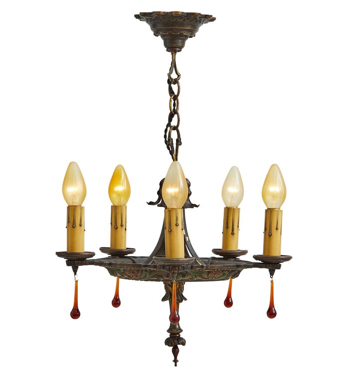 Vintage Classical Revival Candle Chandelier with Vibrant Polychrome Highlights and Pressed Glass Drops