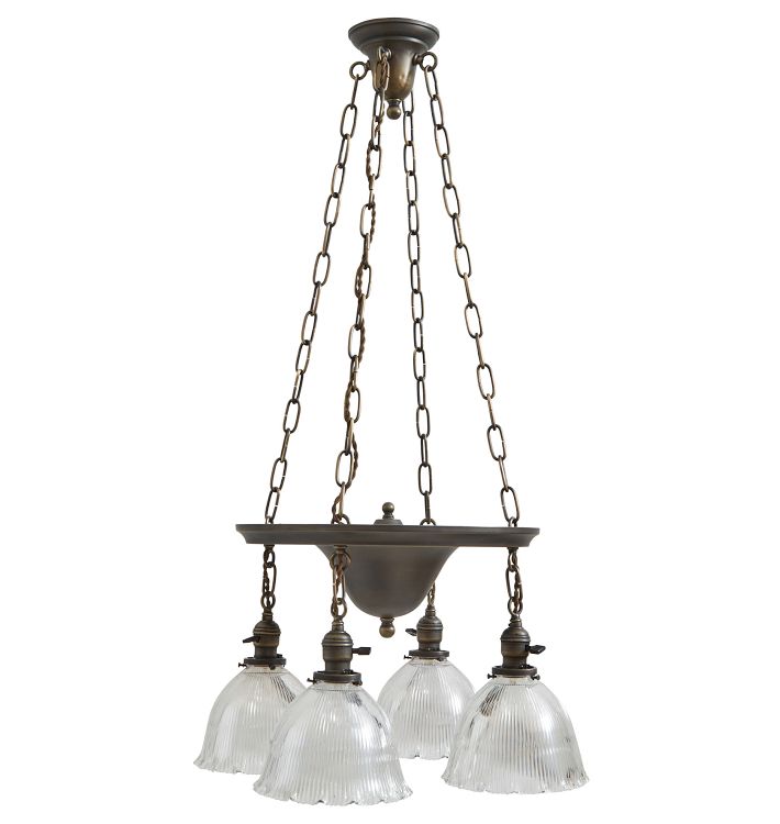 Vintage 4-Light Classical Revival Suspended Pan Chandelier with Prismatic Shades