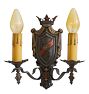 Pair of Vintage Romance Revival Double Candle Sconces with Crown &amp; Shield Motif