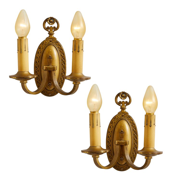 Pair of Vintage Double Candle Sconces with Classical Wave Motif