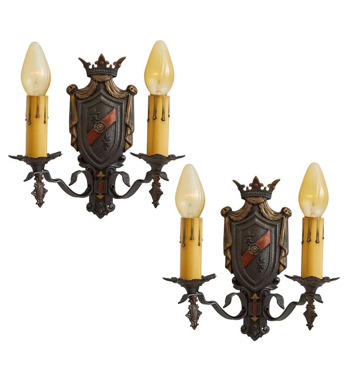 Pair of Vintage Romance Revival Double Candle Sconces with Crown & Shield Motif