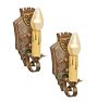 Pair of Vintage Romance Revival Candle Sconces with Shield Motif and Polychrome Highlights