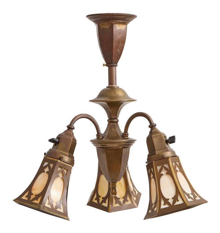 Vintage 3-Light Arts & Crafts Chandelier with Paneled Slag Glass Shades