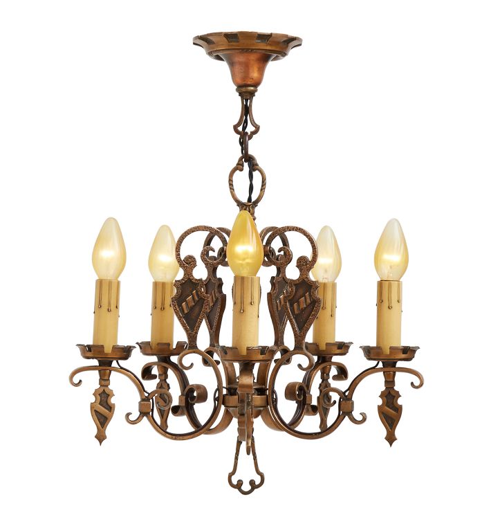 Vintage Cast Bronze 5-Light Romance Revival Candle Chandelier