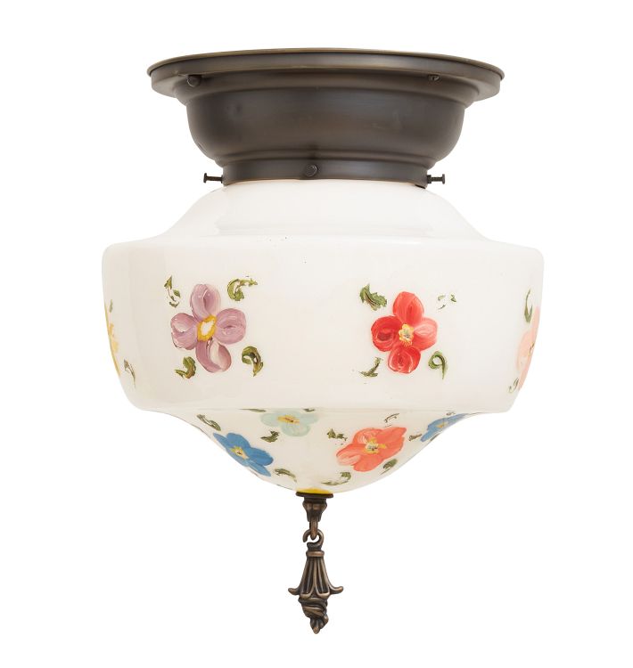 Vintage Semi-Flush Fixture with Large Floral-Painted Schoolhouse Shade