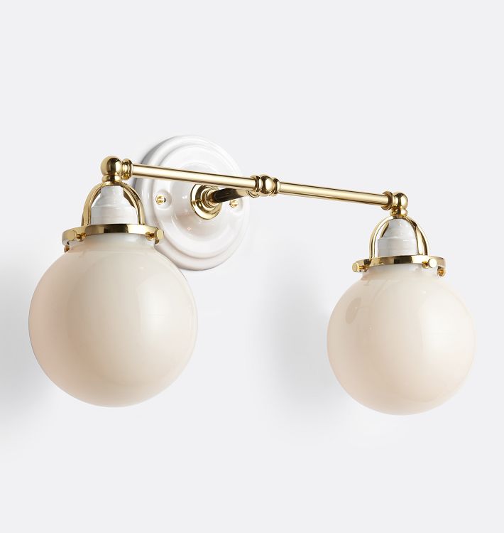 Mist Double Sconce, White Porcelain - Lacquered Brass - Classic 6" Opal Ball Shade