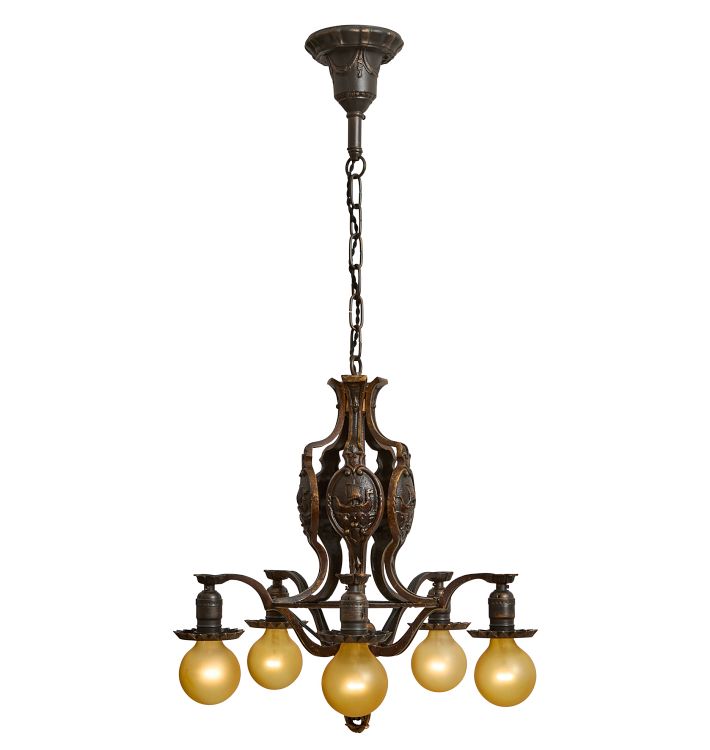 Vintage Romance Revival Bare Bulb Chandelier with Viking Ship Motif