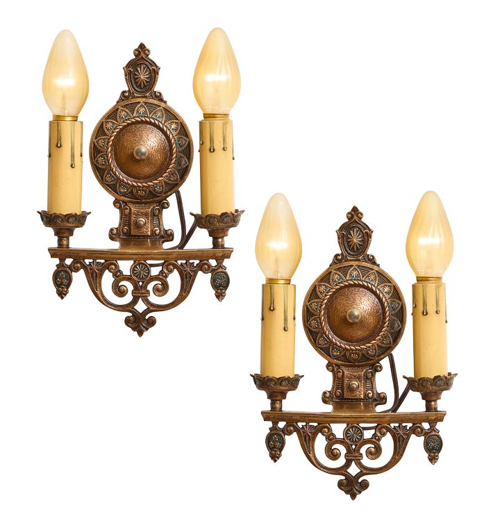 Pair of Vintage Classical Revival Double Candle Sconces with Painted Highlights