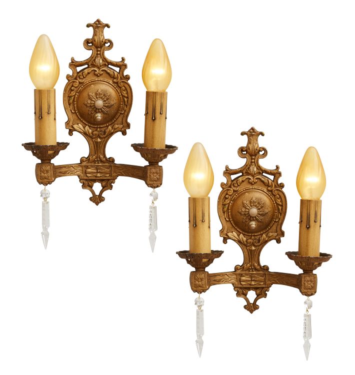 Pair of Vintage Classical Revival Double Candle Sconces with Crystal Drops