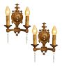 Pair of Vintage Classical Revival Double Candle Sconces with Crystal Drops