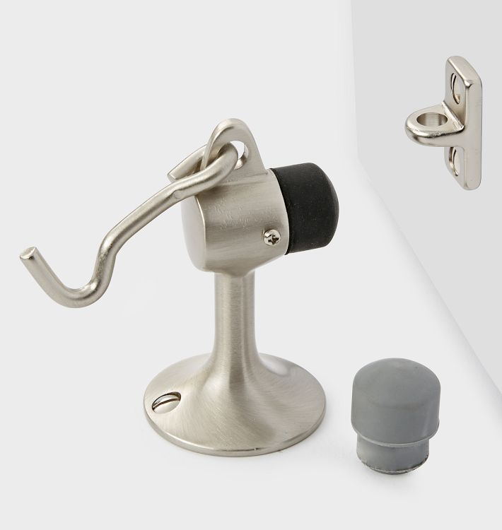Satin Nickel Solid Brass Cannon Floor Door Stop with Hook and Holder Satin Nickel Solid Brass Cannon Floor Door Stop with Hook and Holder