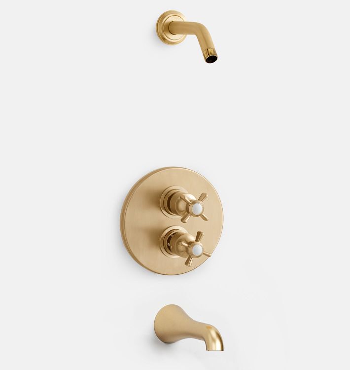 Rollins Thermostatic Tub Shower Set, Aged Brass