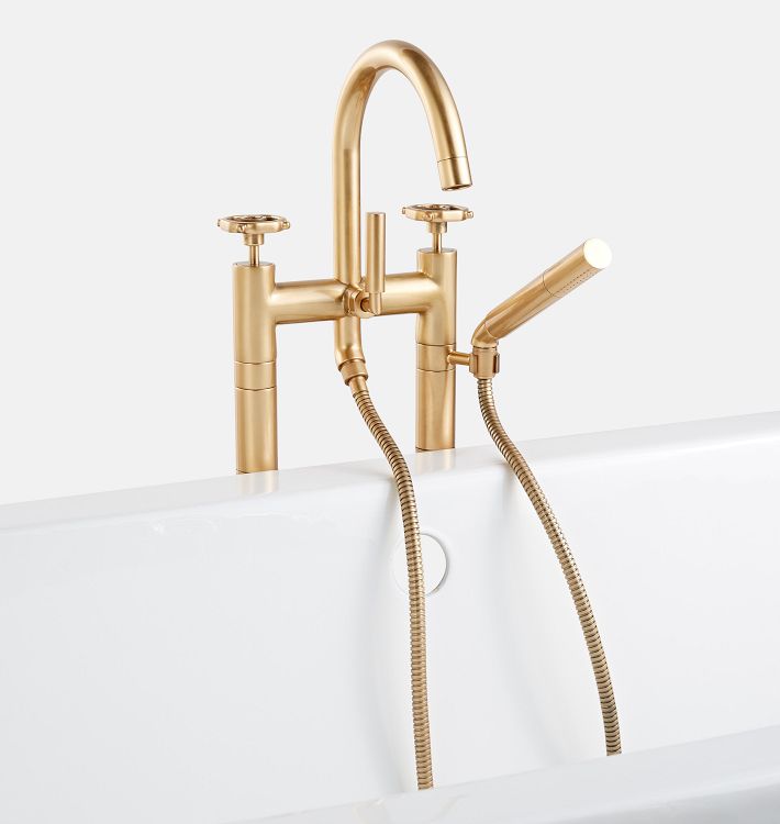 Tolson Floor Mount Tub Filler With Handshower, Aged Brass