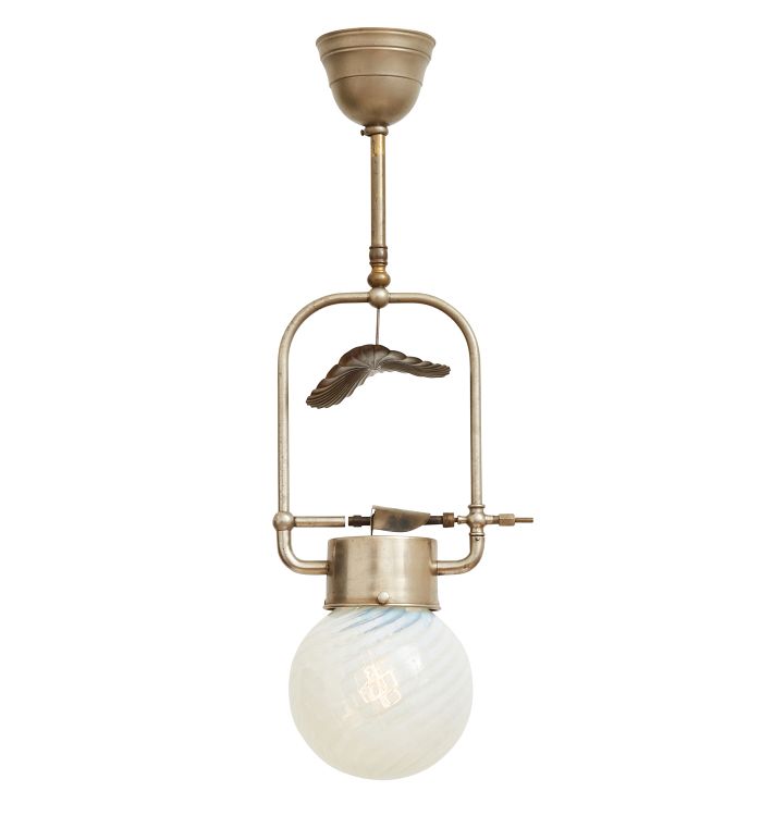 Antique Victorian Nickeled Gas / Electric Pendant with Swirl Opalescent Globe Shade