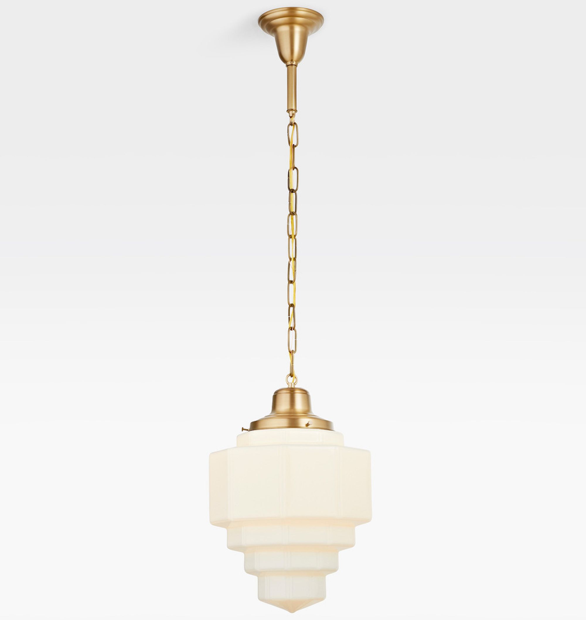 Rejuvenation customizable Rose City chain pendant, Art Deco glass with Aged Brass hardware