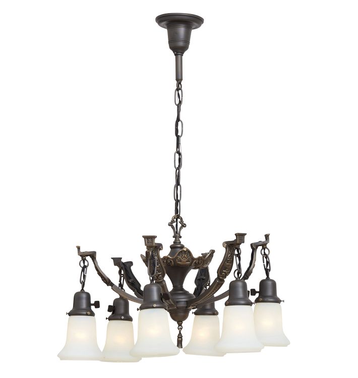 Vintage 6-Light Classical Revival Chandelier with Camphor Glass Bell Shades