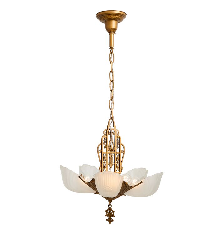 Vintage Chandelier Art Deco 5 Light Slipper Shade