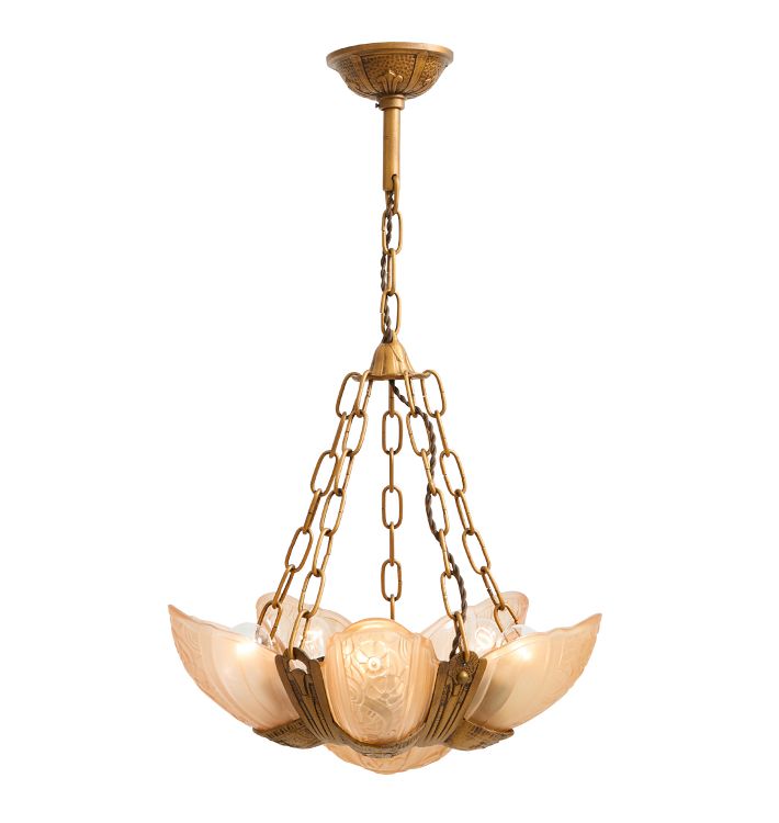 Vintage Chandelier Art Deco 6-Light Rose-Toned Floral Slipper Shades
