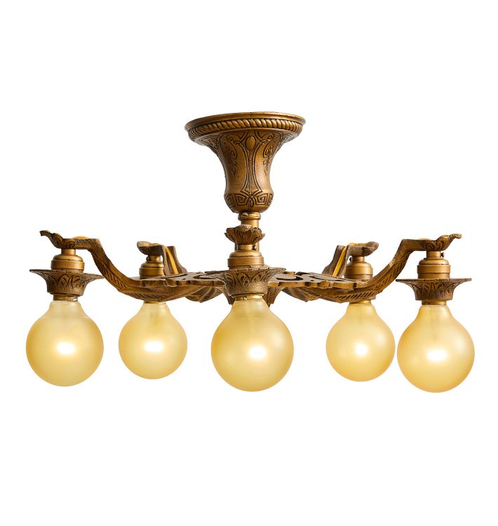 Vintage Chandelier Classical Revival 5 Light Bare Bulb Polychrome